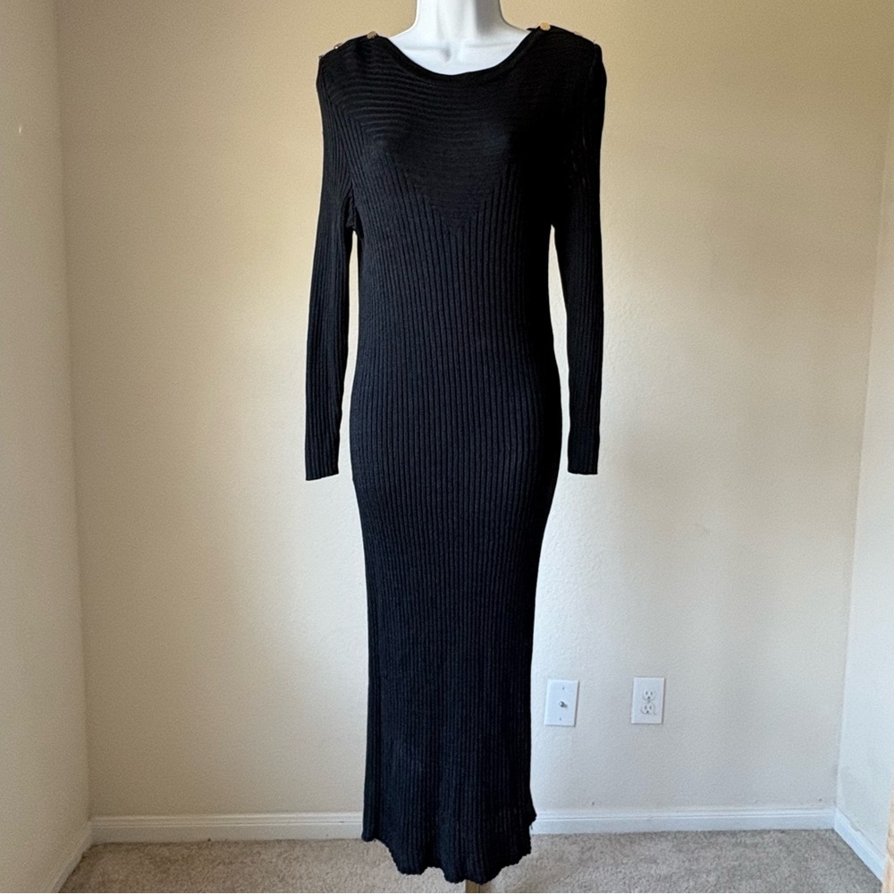 Vintage Yves Saint Laurent Variation Ribbed Knit Midi Dress Black Size 36 Italy